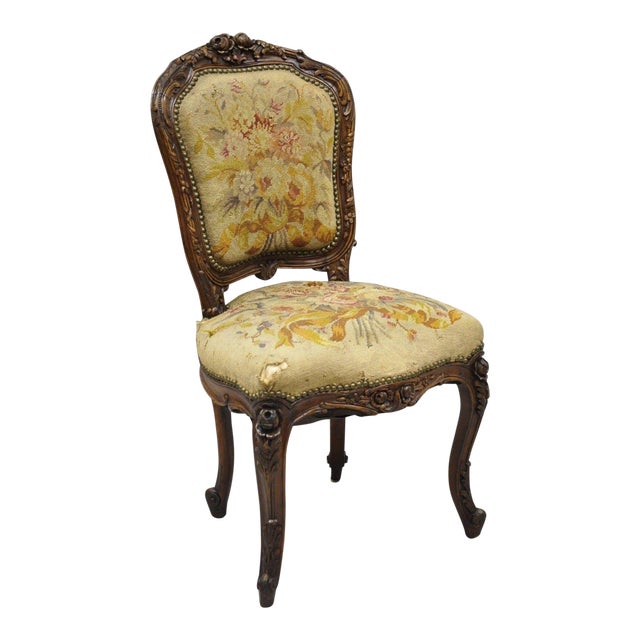 19th Century French Louis XV Style Carved Walnut Needlepoint Side Chair