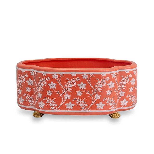 Ceramic Williamsburg for Port 68 Floral Vine Scallop Footed Oval Planter, Coral For Sale - Image 7 of 7