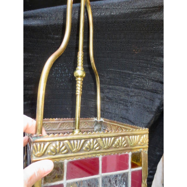 Cerulean 1910s Arts and Crafts Lantern With Leaded Stain Glass Panels For Sale - Image 8 of 9