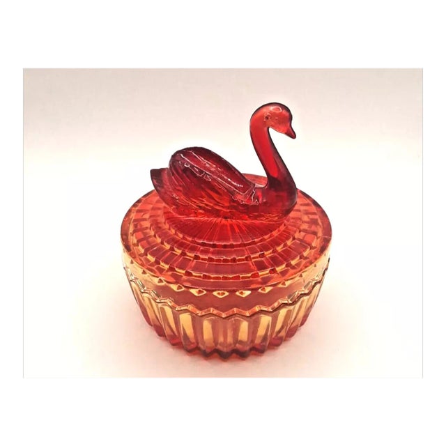 Vintage Jeannette Amberina Art Glass Swan Covered Powder Dish. Beautiful Jeanette Amberina piece. The bottom portion of...