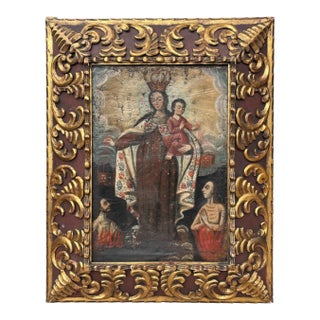 18thC Spanish Oil on Canvas Our Lady of Mount Carmel For Sale