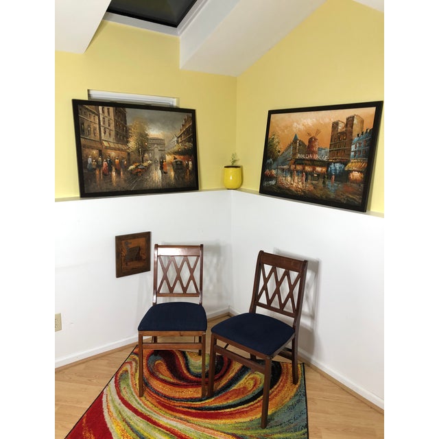 Stakmore Lattice Back Styled Indoor Folding Chairs with Blue Upholstery - a Pair For Sale - Image 9 of 9