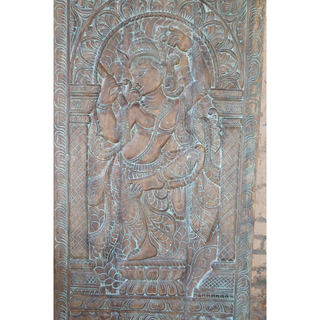 Vintage Hand-Carved Krishna Wall Art – Fluting Krishna With Cow Wooden Temple Panel 72x36 For Sale In Orlando - Image 6 of 6