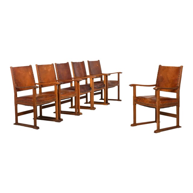 Set of Six French Oak and Stitched Leather Chairs For Sale