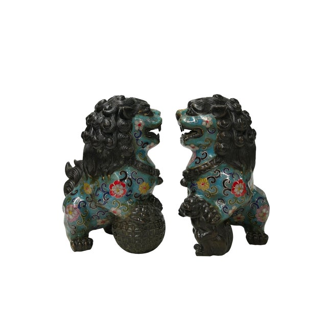 1970s Pair Vintage Enamel Cloisonne Fengshui Foo Dog Lions Display Figure For Sale - Image 5 of 16