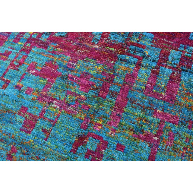 Abstract Rug 5'6'' X 8' Blue Purple Viscose Contemporary Hand-Knotted Carpet For Sale - Image 9 of 12