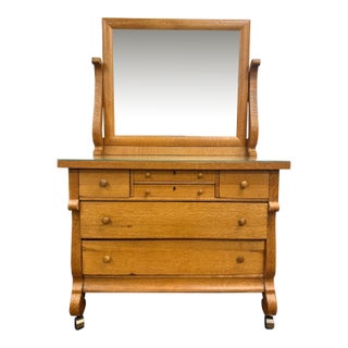 Antique American Empire Revival Oak Lowboy Dresser Chest of Drawers With Mirror For Sale
