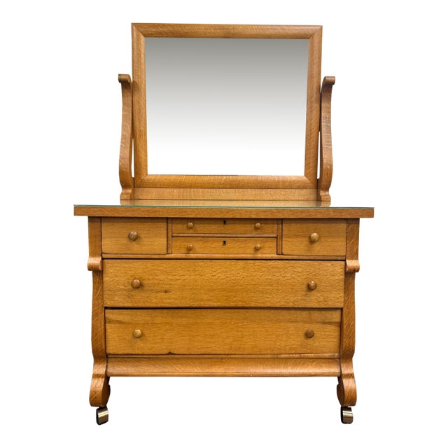 Antique American Empire Revival Oak Lowboy Dresser Chest of Drawers With Mirror For Sale