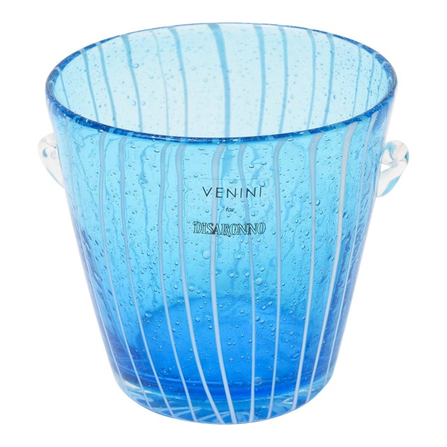 Murano Venini Sapphire Turquoise Glass Ice Bucket With White Lines 1980's For Sale