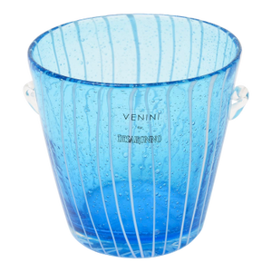 Murano Venini Sapphire Turquoise Glass Ice Bucket With White Lines 1980's