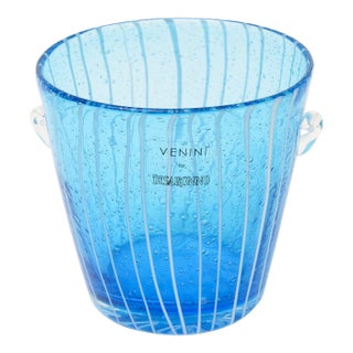 Vintage Murano Venini Labeled Sapphire Turquoise Glass Ice Bucket With White Lines For Sale