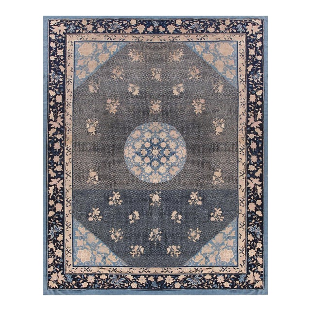 1880s Blue Navy Medallion Antique Chinese Peking Rug 9' X 11' 8'' Hand Knotted Wool Carpet For Sale