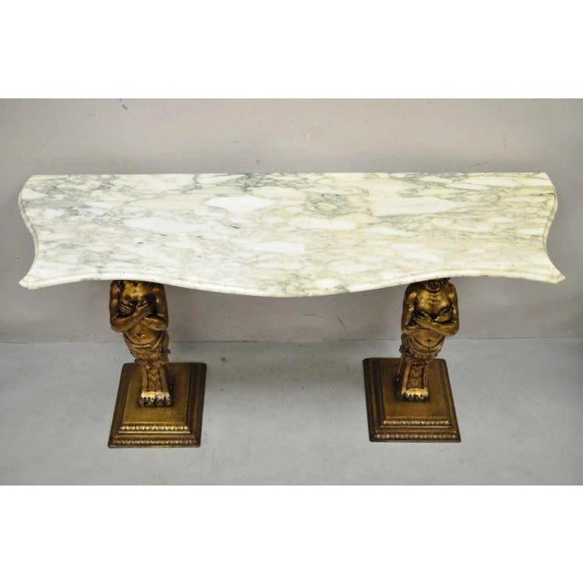 Mid 20th Century Vintage French Renaissance Victorian Style Gold Figural Marble Top Console Table For Sale - Image 5 of 12