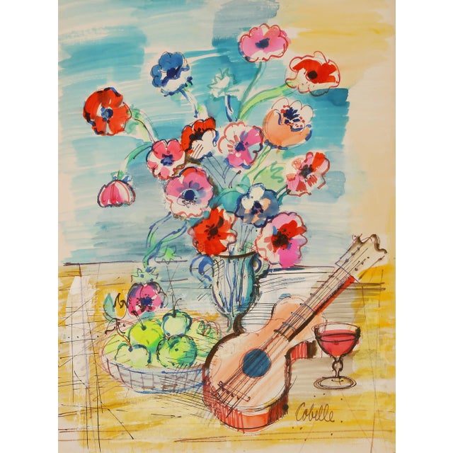 Impressionist Boquet with Guitar, Charles Cobelle Acrylic on Canvas Painting For Sale - Image 3 of 3