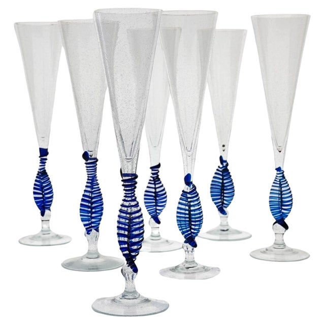 Cobalt and Pulegoso Murano Glass Ballerina Flutes from Cenedese, 1950s, Set of 7 For Sale