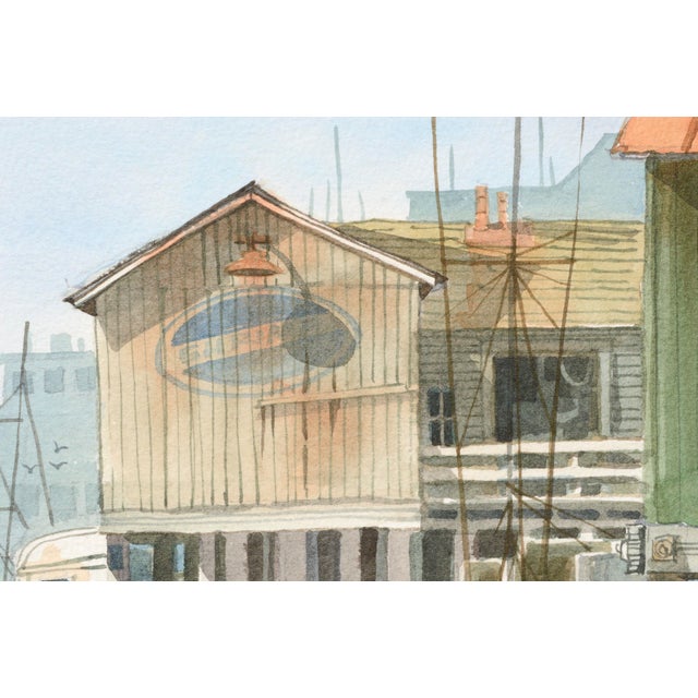 Jones Realism Seafood Shops on the Pier Watercolor Landscape Late 20th Century For Sale - Image 4 of 9