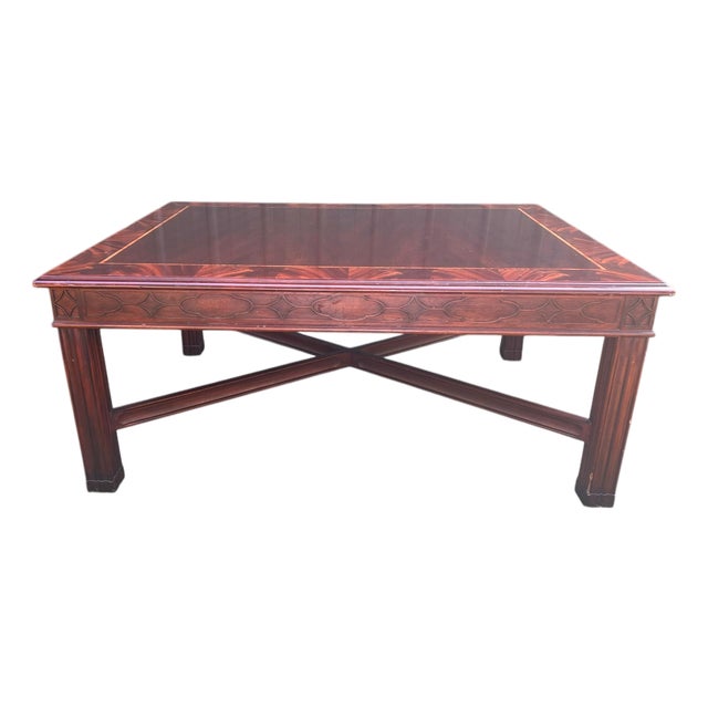 Vintage Henkel Harris Coffee Table in Satinwood or Tulipwood and Banded Flame Mahogany For Sale