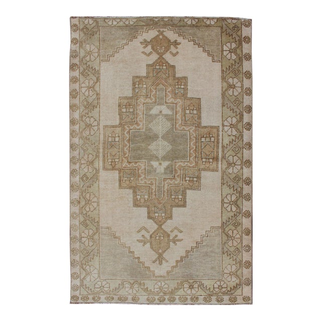 Vintage Turkish Oushak Rug in Sage Green, Taupe, Light Brown, and Light Green For Sale