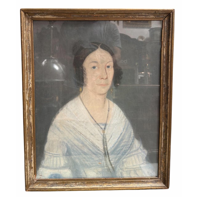 Antique Biedermeier Portrait Painting of a Lady in Blue Dress For Sale - Image 4 of 4
