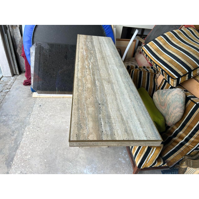 Cream Pair of Italian Modern Travertine and Brass Console Tables For Sale - Image 8 of 12
