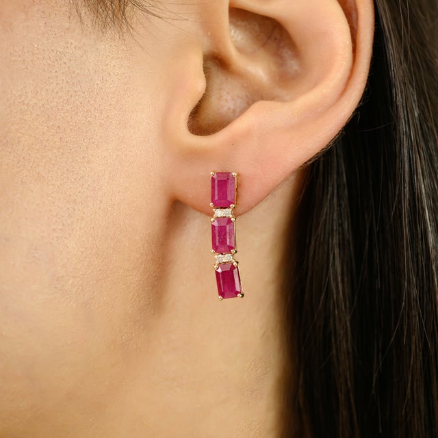 Metal 4.57 Ct Three Stone Ruby & Diamond Drop Earrings- A Pair For Sale - Image 7 of 10