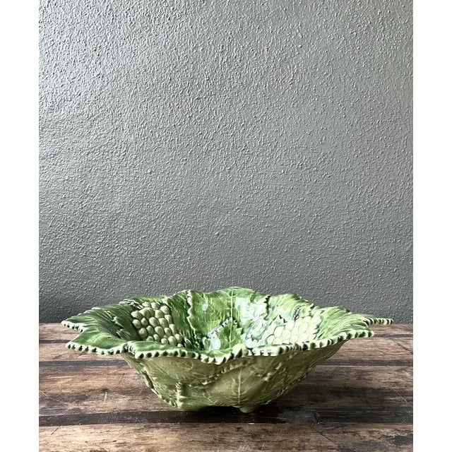 Emerald Vintage Portuguese Glazed Ceramic Grape Leaf Bowl For Sale - Image 8 of 12