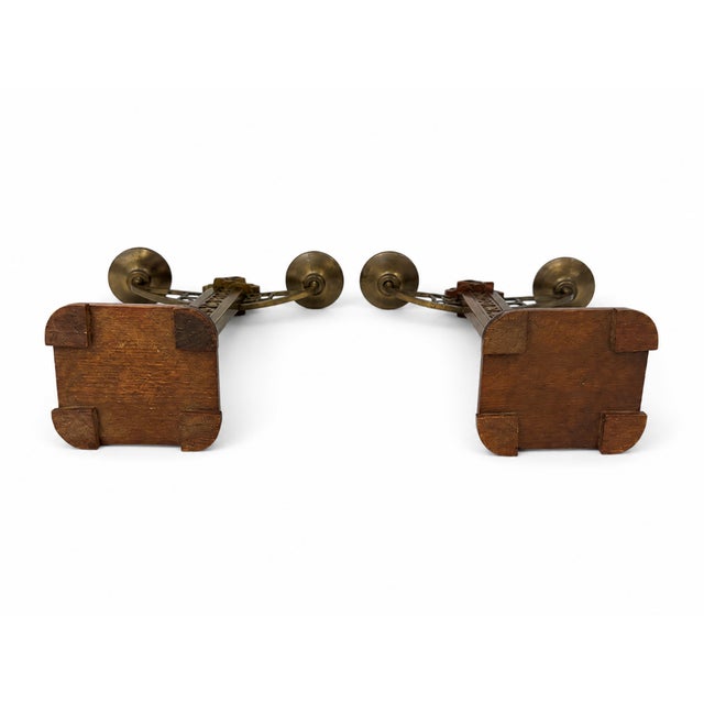Art Deco Amsterdam School Oak and Brass Candlesticks, 1920s, Set of 2 For Sale - Image 9 of 10