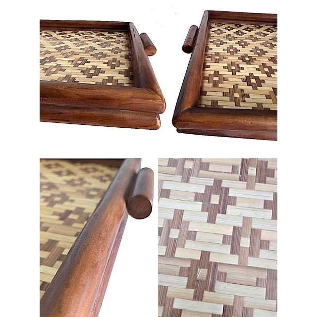 Coffee Vintage Square Diamond Weave Bamboo Tray For Sale - Image 8 of 10