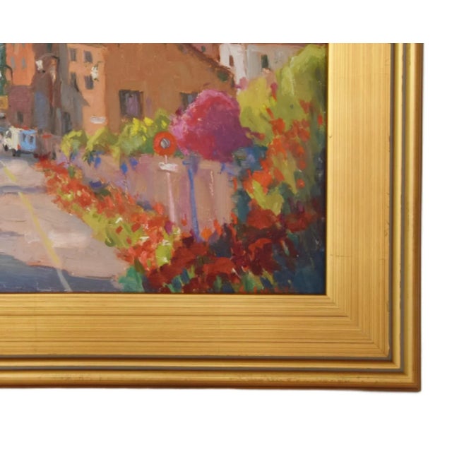 Terra Cotta Silvio Silvestri, Italian Village With Flowers Oil Painting Including the Antiqued Gold Frame For Sale - Image 8 of 13