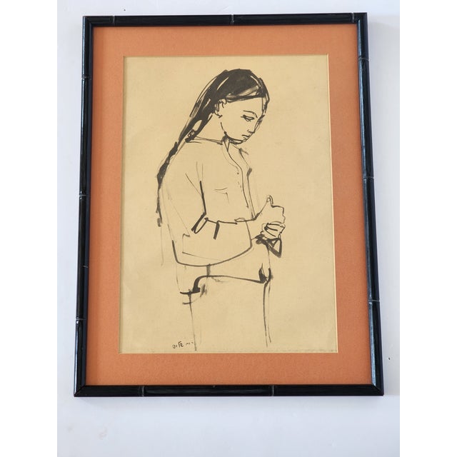 Original Ruth Schloss "A Young Girl" framed signed drawing, part of a series of 14 plates titled "Ruth Schloss Drawings...