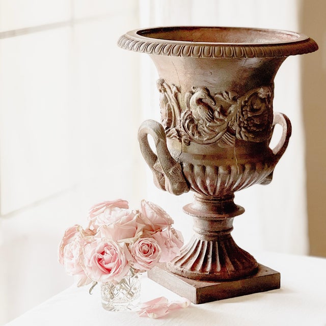 Large Ornate Antique French Cast Iron Urn With Cherub and Pheasant Design For Sale - Image 11 of 11