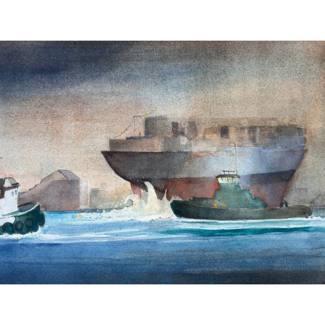 Impressionist Vintage Tug Boat Watercolor Painting Ships Maritime Art For Sale - Image 3 of 3