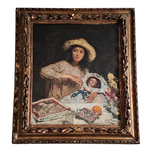 Vincenzo De Stefani Painting of a Young Girl With a Doll For Sale