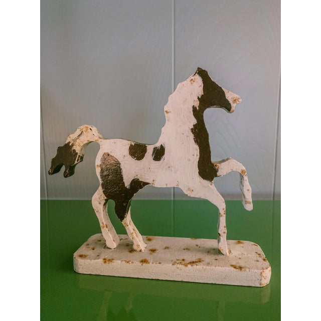 White Vintage Folk Art Cast Iron Pinto Horse Sculpture Objet De Art For Sale - Image 8 of 11
