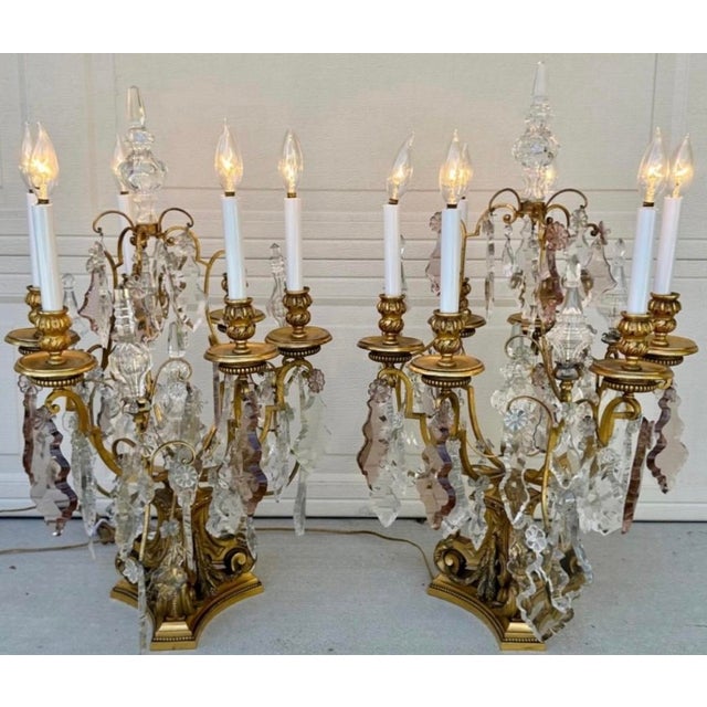 Pair of Late 19th Century E.F. Caldwell & Co. Gilt-Bronze & Baccarat Crystal Six-Arm Girandole Lamps Height: 30 in. Width:...
