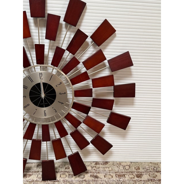 Red Kenneth Wingard Mid 20th Century Inspired Sunburst Wall Clock For Sale - Image 8 of 12