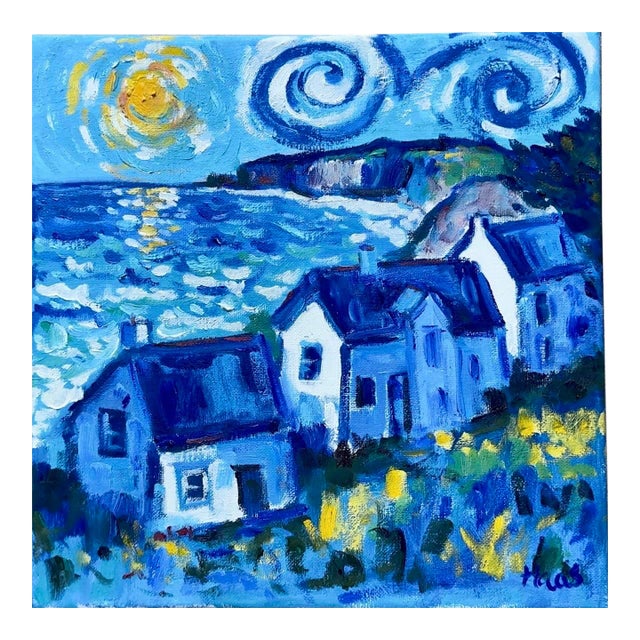 "Sunlight Over the Coastal Cottages" Impressionist Oil Painting For Sale