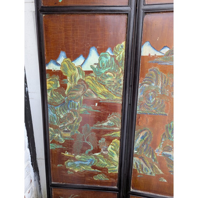 1940s Chinese Coromandel Four Panel Hand Painted Folding Screen /Partition For Sale - Image 10 of 17