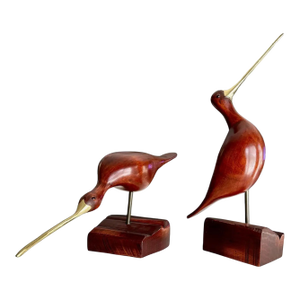 Pair Midcentury Modernist Carved Wooden and Brass Bird Sculptures