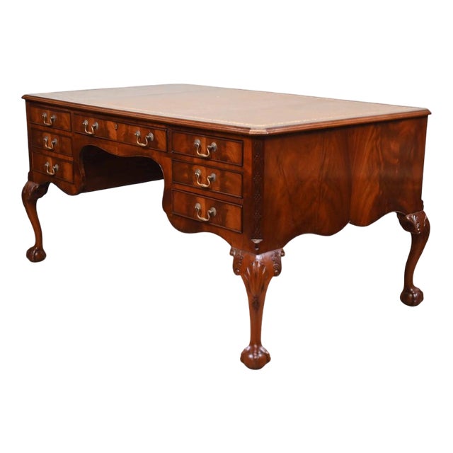 Victorian Mahogany Chippendale Desk with Leather Top, 1890 For Sale