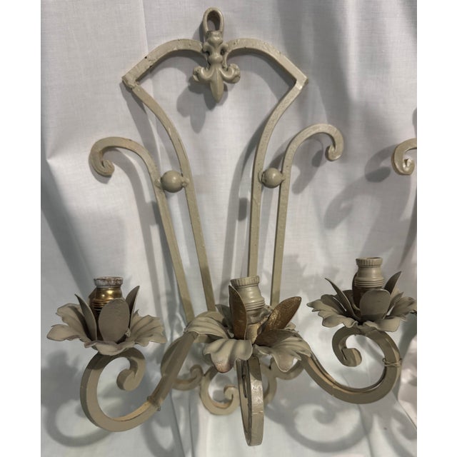 1970s French Painted Wrought Iron 3 Light Floral Wall Sconces - Pair For Sale - Image 4 of 5