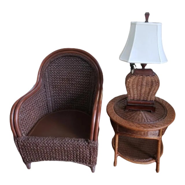 1980s Rattan and Rush Chair, Table, and Lamp Set - 3 Piece Set For Sale