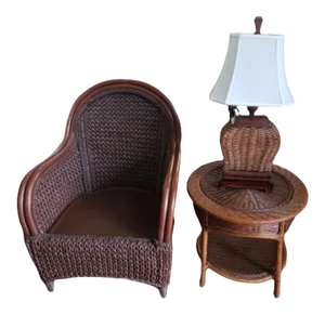1980s Rattan and Rush Chair, Table, and Lamp Set - 3 Piece Set