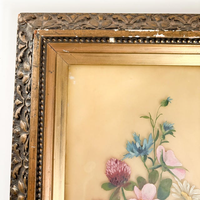 1920s Antique 1920's Floral Painting on Glass, Gilt Gold Framed Flower Painting on Glass For Sale - Image 5 of 11