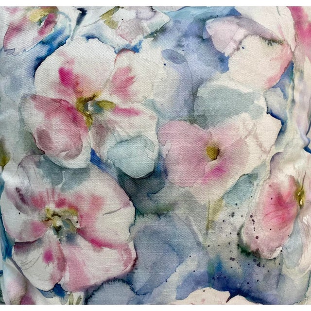 2010s Pair of 20 “ Square Pillows With a Pink and White Floral Print - Made in U K For Sale - Image 5 of 12