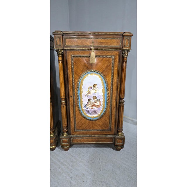 Tall French Louis XVI Porcelain Mounted Cabinets, 1880, Set of 2 For Sale - Image 17 of 18