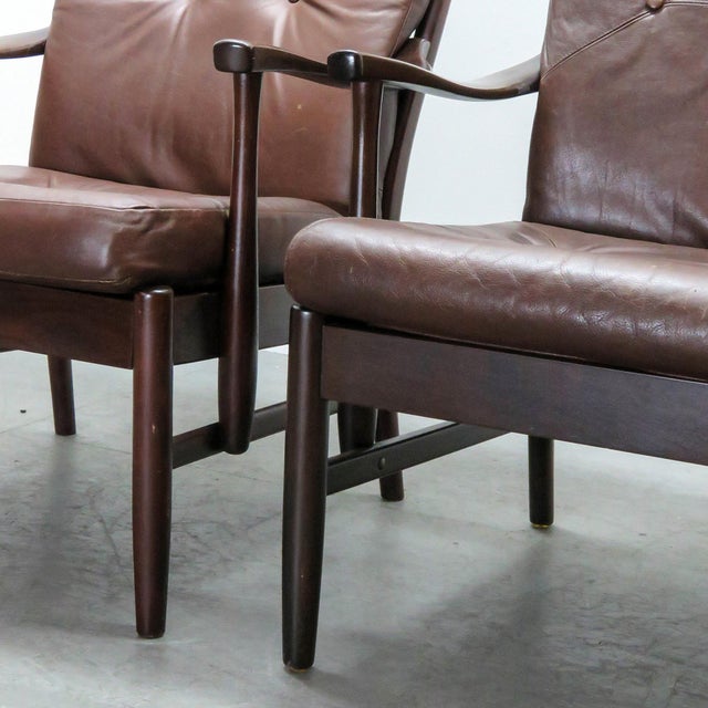 Brown Set of Two Leather Arm Chairs by Ole Wanscher, 1950 For Sale - Image 8 of 10