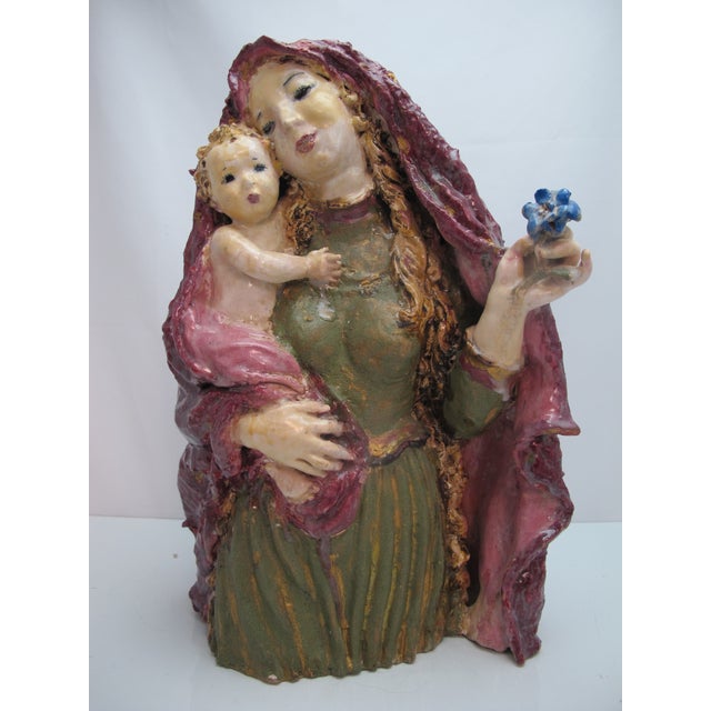 Susi Singer Terracotta Madonna With Blue Flower & Child 1951 Statue For Sale - Image 4 of 18