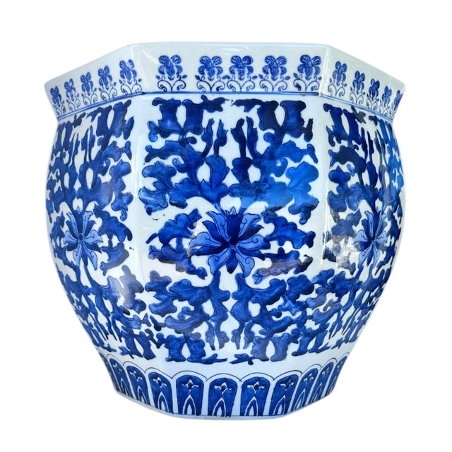 1990s 1990s Blue and White Cachepot Jardienere Plant Holder Chinoiserie Porcelain Ceramic Chinese Asian For Sale - Image 5 of 12