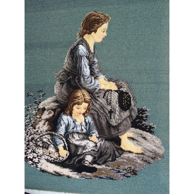 An Antique (circa 1870s or so) French Beaded Tapestry. The Mother and Daughter are worked in tiny glass beads, their skin...